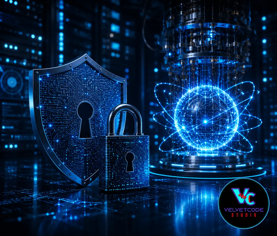 Escudo y candado digital junto a una representación de un procesador cuántico iluminado, simbolizando la migración hacia criptografía resistente a computación cuántica