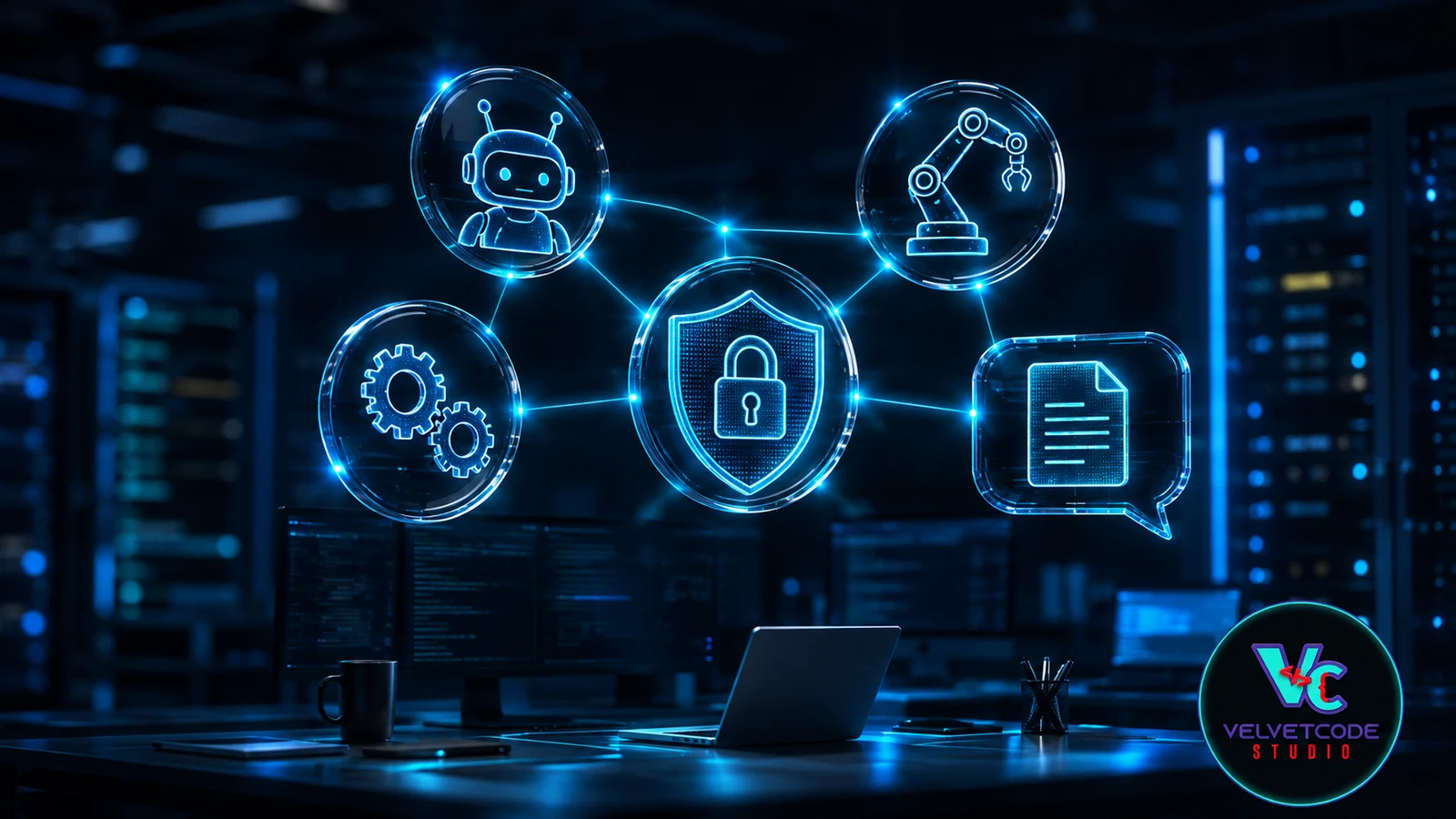 Cinco íconos holográficos de tendencias tecnológicas -robot, engranes, escudo, brazo robótico y documento- conectados por líneas de luz neón en un espacio de trabajo tecnológico